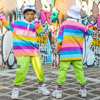 

Jazz Street Dance Costumes Hip Hop Clothing For Boys Winter Children Striped Top Fluorescent Green Pants Stage Outfits DQS3175