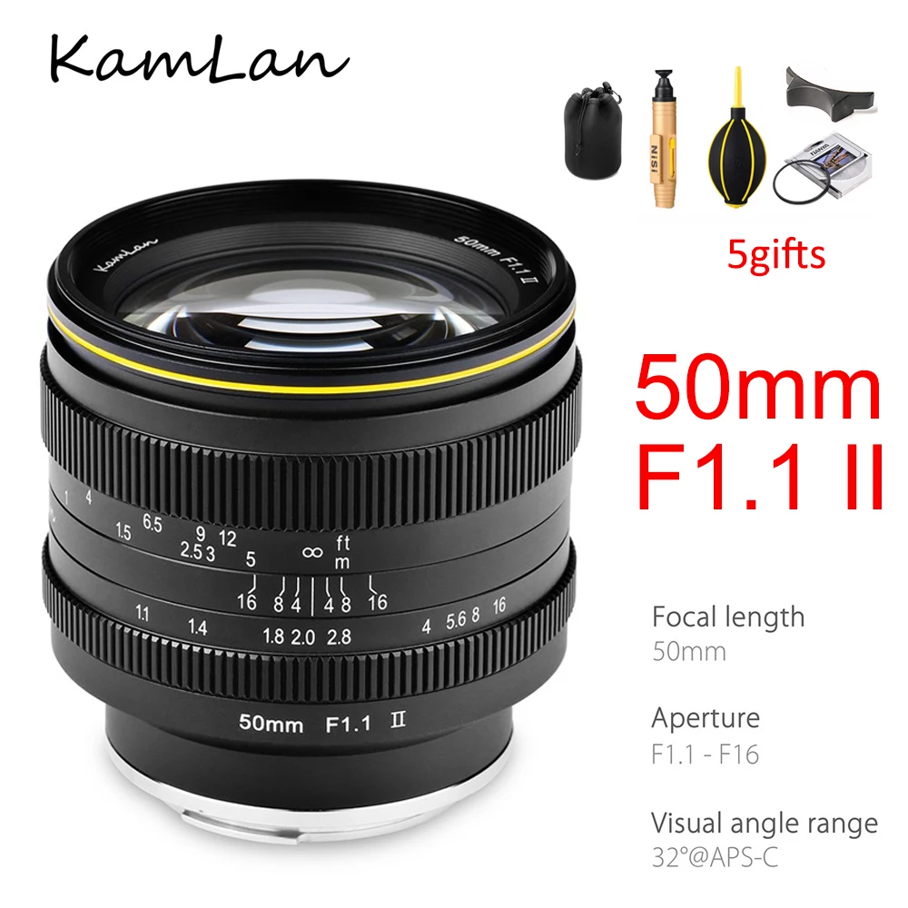 KamLan 50mm F1.1 II Camera Lens for Canon M Sony E Fuji X M4/3 mount APS-C  Large Aperture MF Lens for Mirrorless Camera