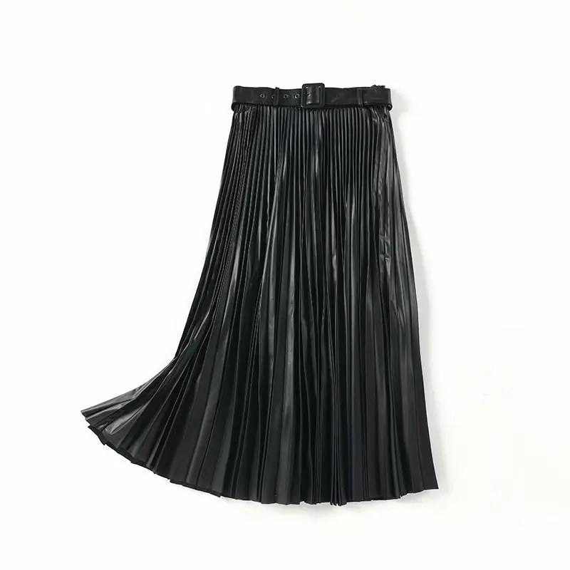 2020 New Fashion Womens Pleated Skirt High Waist Loose Faux Leather Skirts Black Casual Belt Zipper Streetwear Autumn Skirt
