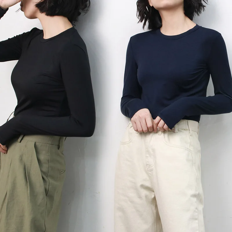 Fall Slim Modal Fit Autumn Casual Basis Long Sleeve Shirt Women O NeckT Elegant Solid Color Tops Pullover for Wholes | Женская одежда