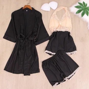 

Kimono Bathrobe Gown Lace Sleepwear For Women Bride Bridesmaid Wedding Gown Satin 3PCS Robe Set Mini Sexy Nightgown Negligee