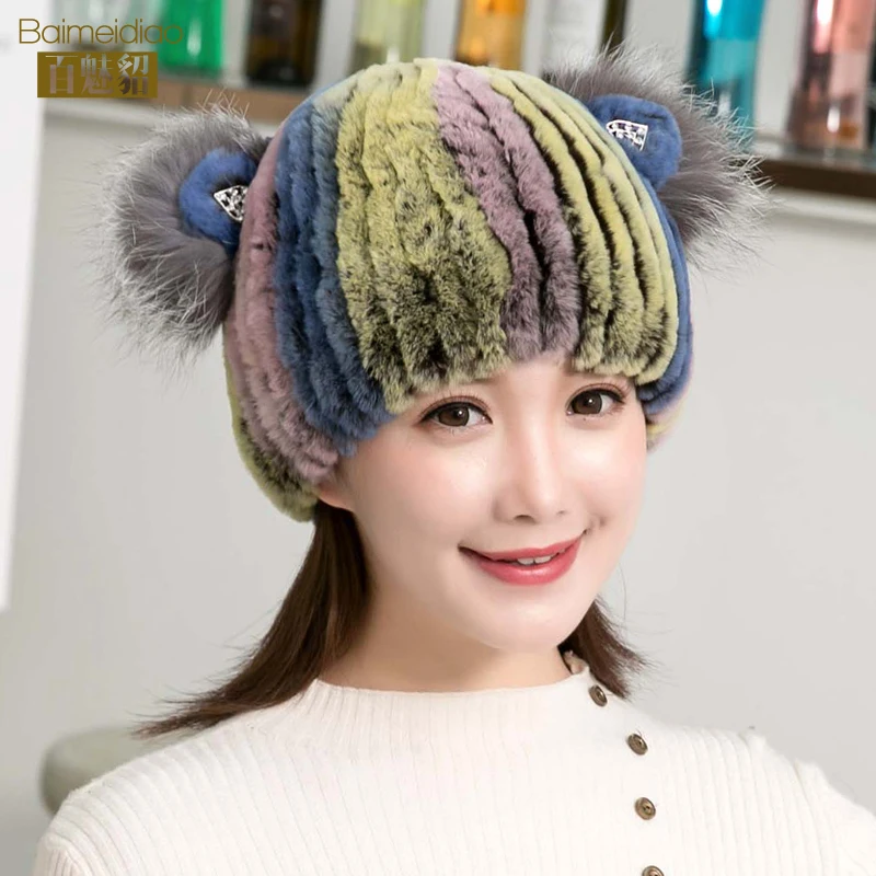 multicolor A Зимняя шапка из меха кролика рекс с милыми кошачьими ушками и блестками, теплая зимняя женская шапка из натурального кроличьего меха, зимняя шапка с вертикальным плетением - Цвет: multicolor A