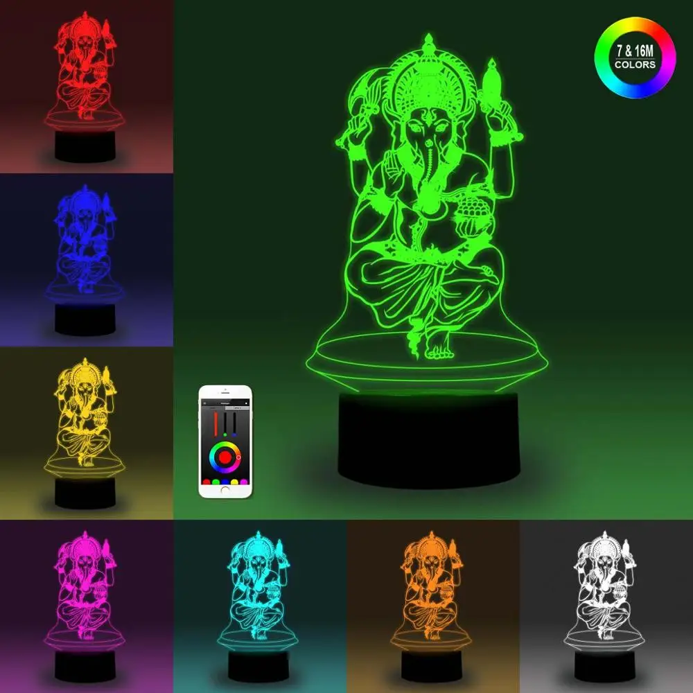 NiteApps 3D Ganesha ночник настольная лампа Иллюзия украшение лампа подарок на день рождения приложение/сенсорное управление