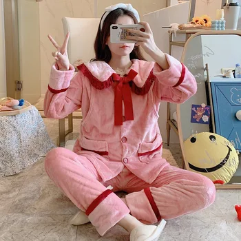 

XIFER Autumn and Winter Flannel Pajamas Warm Confinement Clothing Nursing Clothing Plus Size Pregnant Women Sleepwears