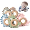 1PCS  New Animal Dinosaur Silicone Teether Beech Wooden Rattle Baby Oral Care Products Teether BPA-Free Teething Toys For Kids 1
