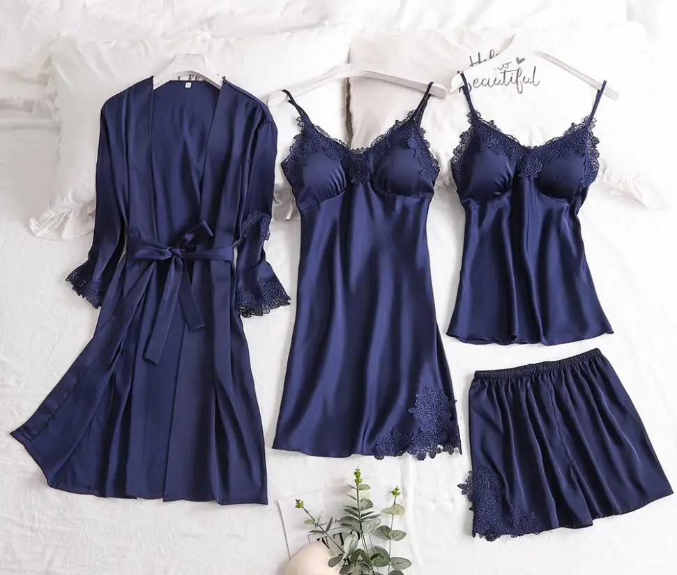 navy blue Комплект одежды из 4 предметов, Халат+ ночная рубашка+ топ+ шорты, Шелковый Атласный халат, комплект летней одежды для сна, кружевное нижнее белье, комплект для женщин, пижама Mujer - Цвет: navy blue