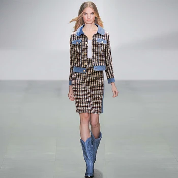 

Womens Tweed Suits Vintage England Style Plaid Tweed Wool Short Jacket Suit Blazer Long Sleeve Top Short Mini Skirt 2 Piece Set