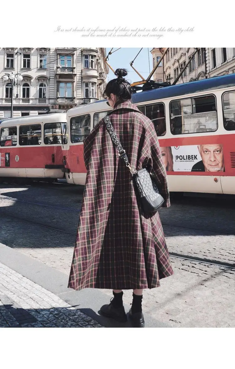 Новинка, осенне-зимняя шерстяная куртка для фотосессии, женский корейский стиль, свободный крой, фиолетовый, красный, в клетку, длинная, повседневная, шерстяная