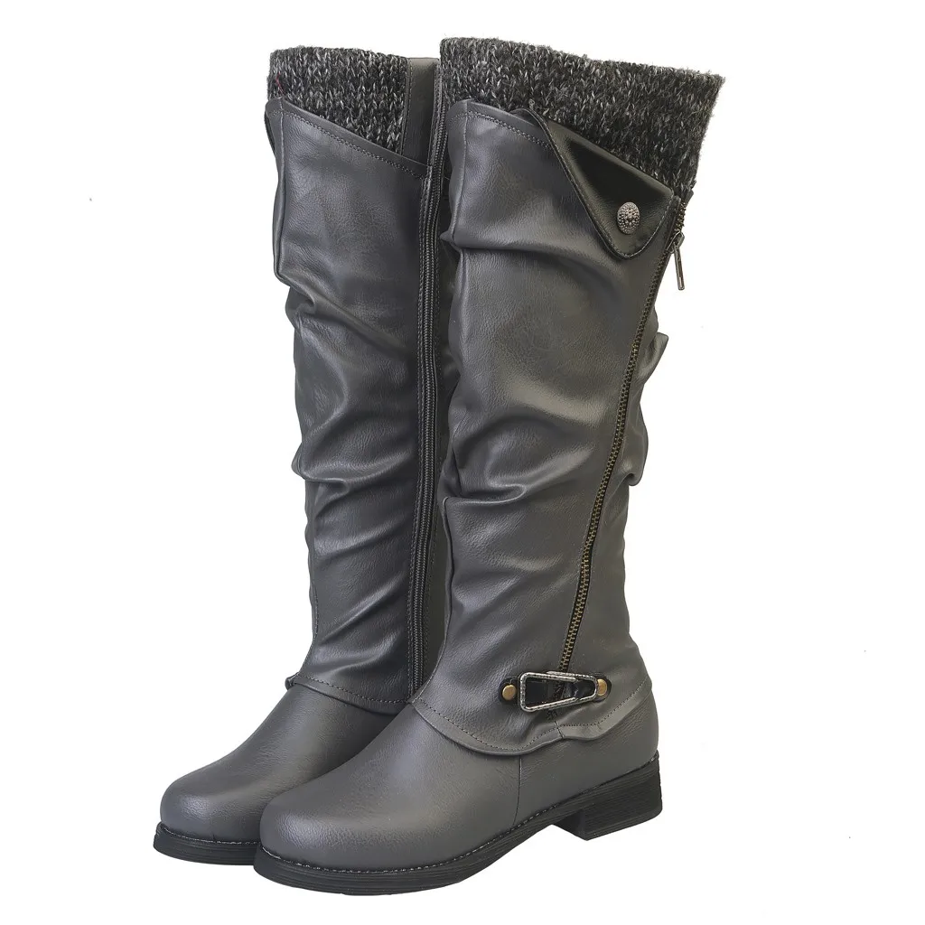 Г. Осень-зима, новые женские кожаные зимние сапоги на квадратном каблуке на молнии обувь до колена сапоги с круглым носком байкерские сапоги женская обувь# O13