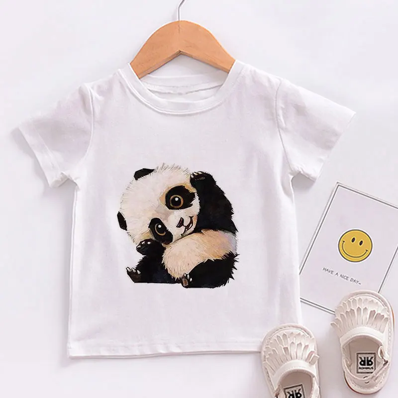 

Girls Tshirt Summer Fashion Panda Clothes Print Kids Tshirt Casual Crew Neck Short Sleeve Animal Boys Tshirts White Cute New Top