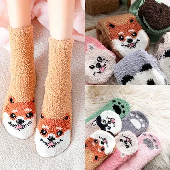 

1 Pair of Socks Women Winter Thickened Warm Animal Print Lovely Puppy Plush Socks Lady Socks Floor Socks skarpetki damskie #108