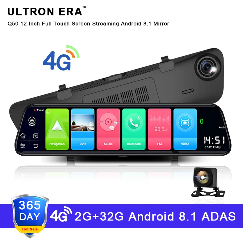 Q50 12" Streaming 4g Android 8.1 Car Rearview Mirror Dvr Gps Navigation