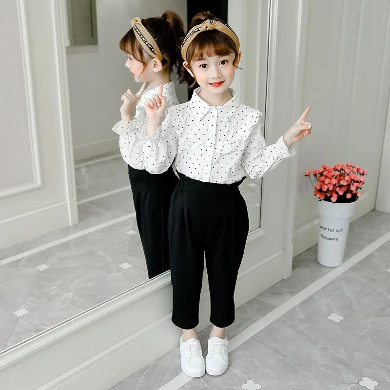 Loose Girls Blouses Cotton Long Sleeve Dot Print Kids Shirts Cute Preppy Style Girls Clothes Tops Vestidos for 6 8 10 12 Years