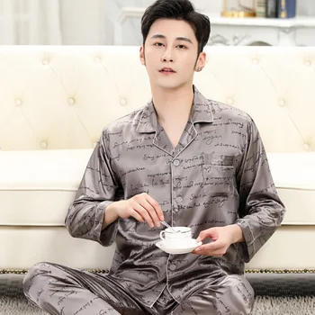 

2020 New Men Faux Silk Pajama Sets Satin Pyjama Sleepwear Long Sleeve Large Size Fashion Pajamas Nightwear