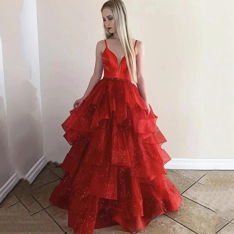 

Quinceanera Dresses Luxury Red Sexy Backless V neck Long Sequined Formal Party Prom Dress vestidos de 15 robes de bal