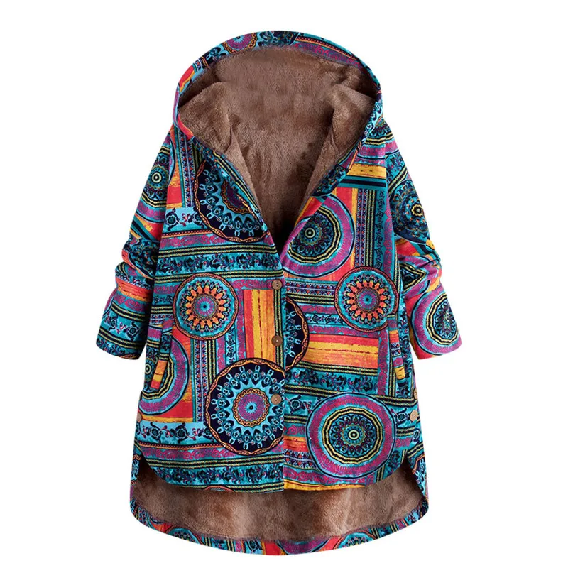 JAYCOSIN Coat Female Women Vintage Ethnic Print Quilted Fleece Hooded Long Sleeve Button Winter Coat chaqueta mujer - Цвет: Blue