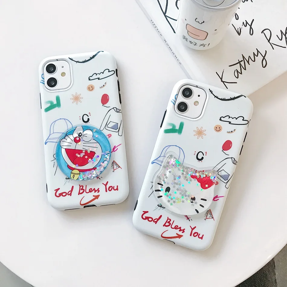 

For iPhone 11 Pro XS Max XR X Case 3D Cartoon Quicksand Glitter Doraemon Phone Case For iPhone 8 7 Plus Soft Shockproof Cover