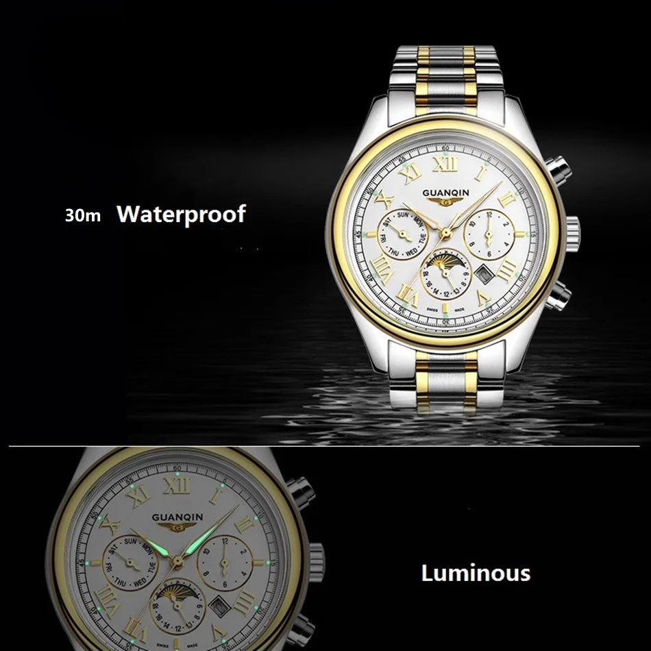 Оригинальные GUANQIN новые деловые часы мужские роскошные мужские сапфировые часы водонепроницаемые мужские часы из нержавеющей стали Moon Phase часы