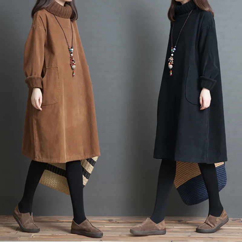 

[EWQ] 2019 Autumn New Pattern Office Lady Style Full Sleeve Solid Color Loose Large Size Retro High Collar All-match Dress AF875