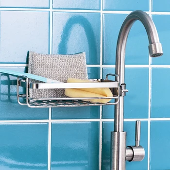 

Stainless Steel Rack Faucet Storage Shelf Drain Basket Soap Dish For Kitchen Sink Sponge Holder Washroom Punch Free
