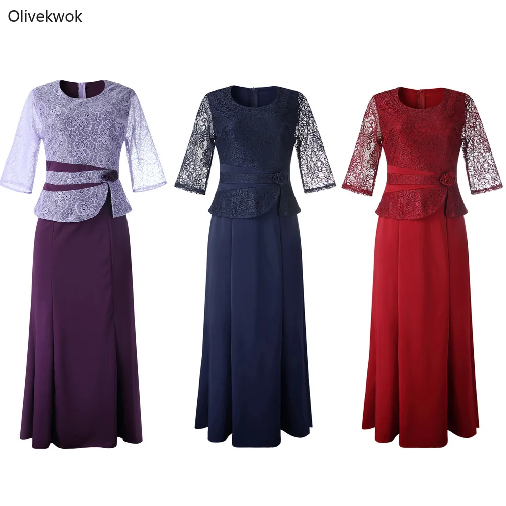 Olivekwok африканские платья для женщин повседневные с круглым вырезом рукавом три четверти кружева лоскутное размера плюс офис леди длинное платье AM395