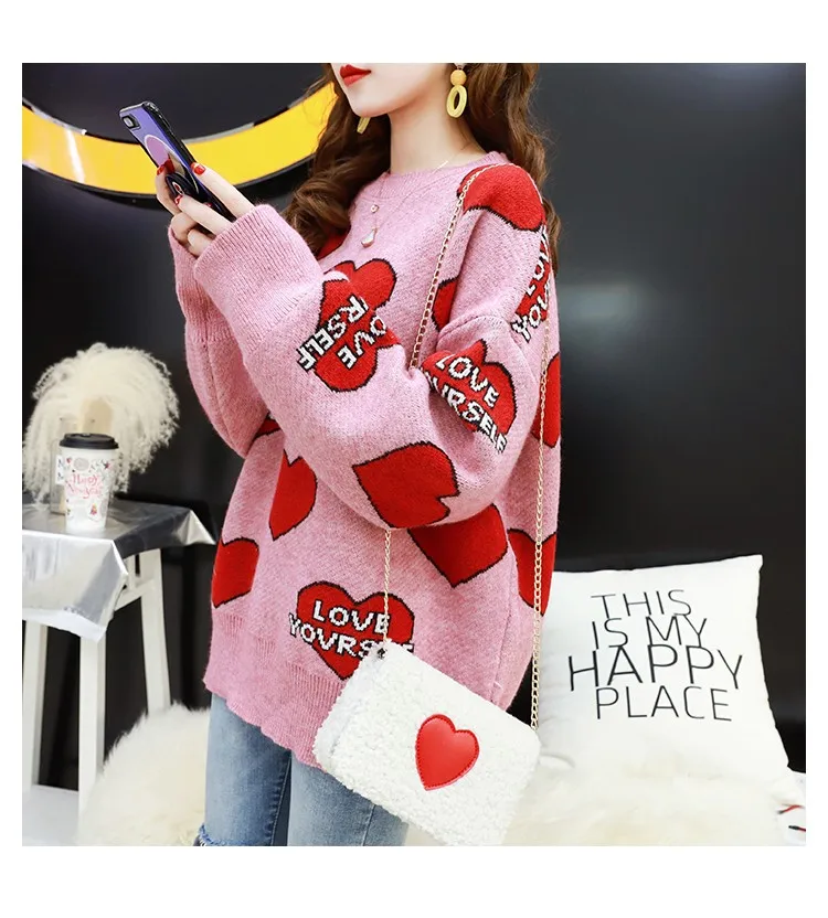 Letter Heart Oversized Sweater Women Knitted Winter Jumper Korean Harajuku Elegant Pullovers Casual Clothes Warm Loose V901