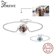 Подлинное серебро 925 пробы на заказ браслет с фото роскошный круглый синий ожерелье с глазом Pave CZ Регулируемая цепь браслет ювелирные изделия