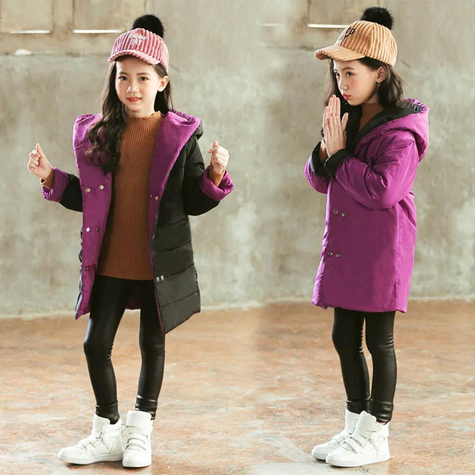 Girls Down Coat Solid Hooded Girls Down Jacket Double-Breasted Children's Parkas Casual Winter Warm Children's Overcoat For Girl