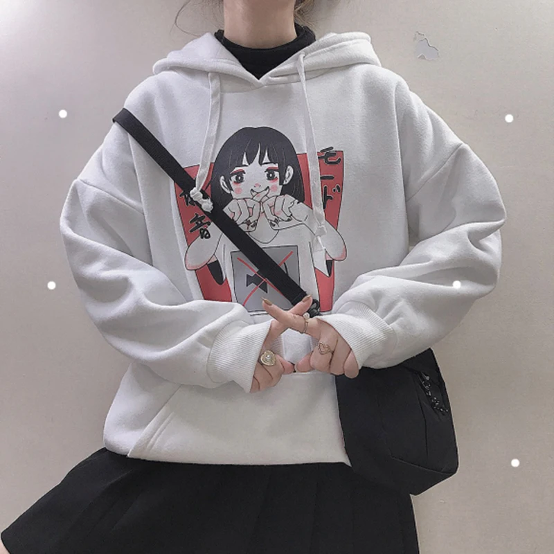  Anime Print Sweatshirt Women Kawaii Hoodie Harajuku Clothes Pullover Hooded Korean Plus Size Thin C