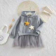 Свитер для девочек; Сетчатое платье с вышивкой; платье с длинными рукавами; топ с капюшоном; платье со звездами