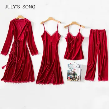 

JULY'S SONG New Women Velvet 4 Pieces Pajamas Set Winter Warm Sexy Lace Pajamas Winter Sleepwear Wine Red Nightdress Homewear