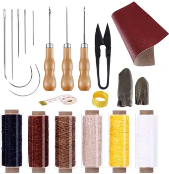 

Imzay 22PCS Leather Sewing Repair Kit With Simple Method ,Cloth ruler,Waxed thread And Needle kitFor Leather Craft DIY Beginner