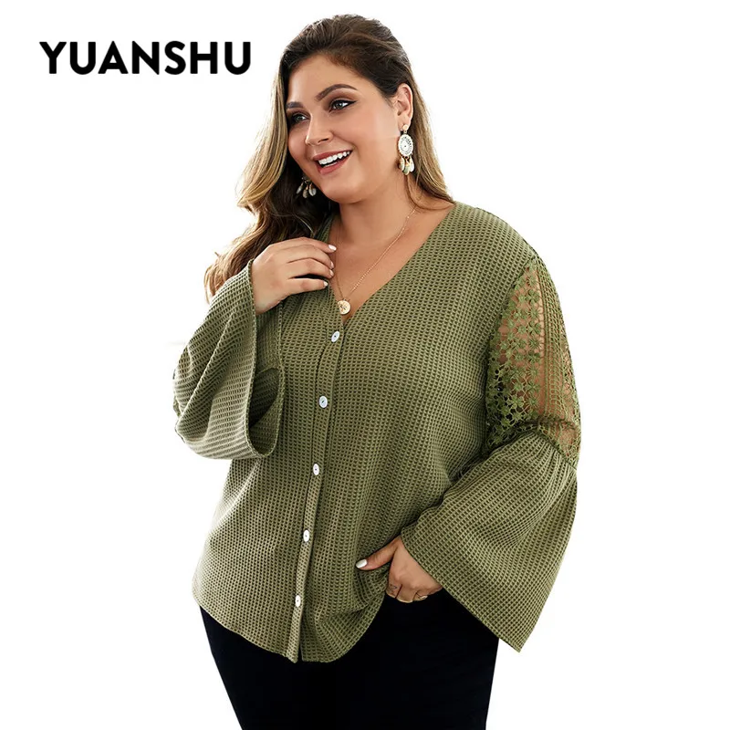 Najtaniej YUANSHU elegancki Plus rozmiar koronkowa bluzka z dzianiny kobiety pojedyncze łuszcz drążą Flare rękawem topy XL 4XL duże rozmiary kobiet ubrania