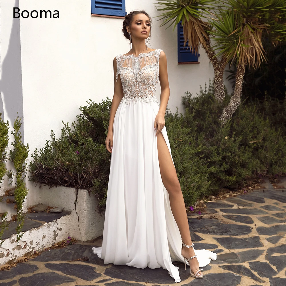 

Romantic Boat Neck Beach Wedding Dresses Major Beading High Slit Side Bride Dresses Open Back Appliqued Chiffon Wedding Gowns