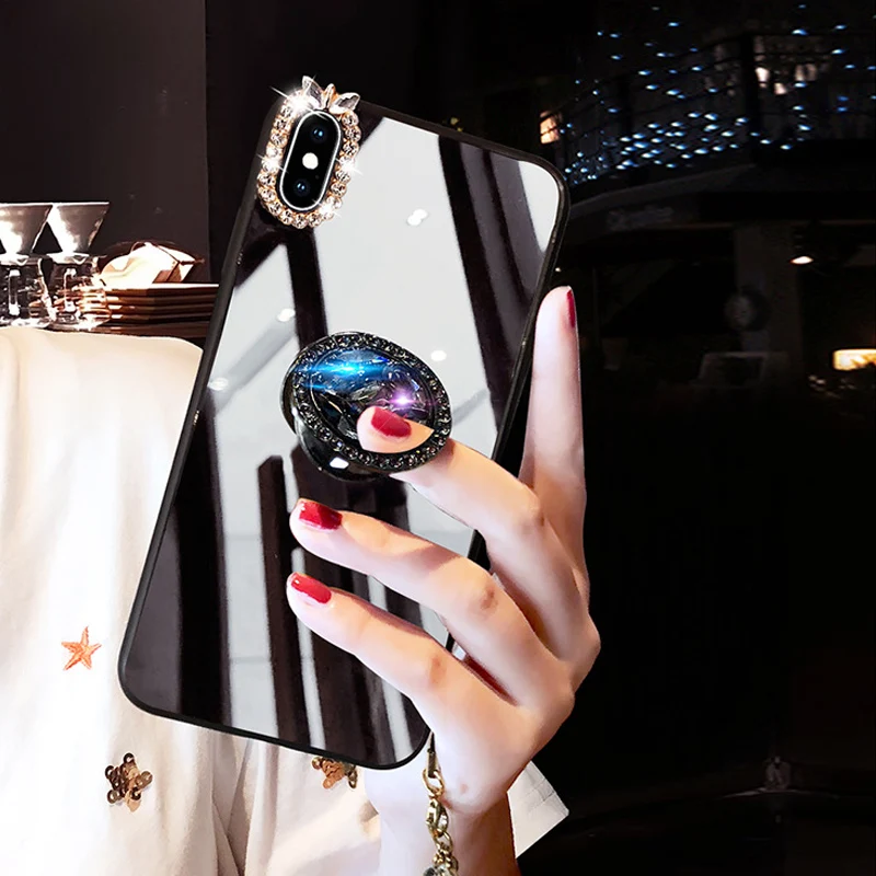 Mirror Rhinestone Makeup Women Case For Xiaomi Redmi K20 Pro 10X Note 8 8T Redmi 9 8 8A 7A S2 Glitter Diamond Finger Ring Cover xiaomi leather case hard