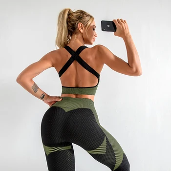 2/3Pcs Seamless Yoga Set Gym Fitness Clothing Women Yoga Suit Sportswear Female Workout Leggings Top Sport Clothes Training Suit 4
