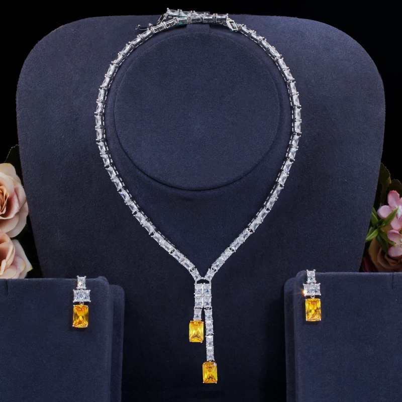 BeaQueen дизайн блестящие желтые CZ квадратные Капли серьги ожерелье набор украшений для женщин Свадебные аксессуары JS221