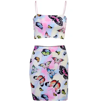 

JVCAKE Women Tie Dye Set Two Piece Butterfly Print Crop Top And Skirt Set Sexy Summer 2020 2 Piece Outfits For Women Clothes