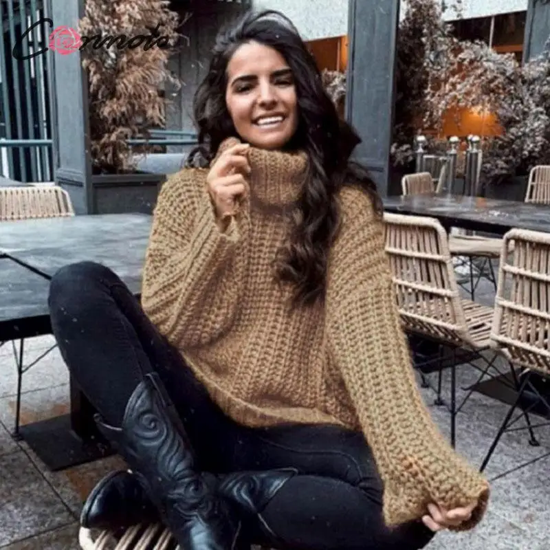 Conmoto женский свитер с высоким воротом женский осень зима сплошной цвет длинный рукав женские Джемперы трикотажные топы Модный пуловер