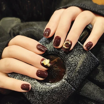 

24pcs/boxed Deep Coffee Planet Fake press on Nails Wearable Disassembling Short nail tips Faux Rhinestone Decoration art goods