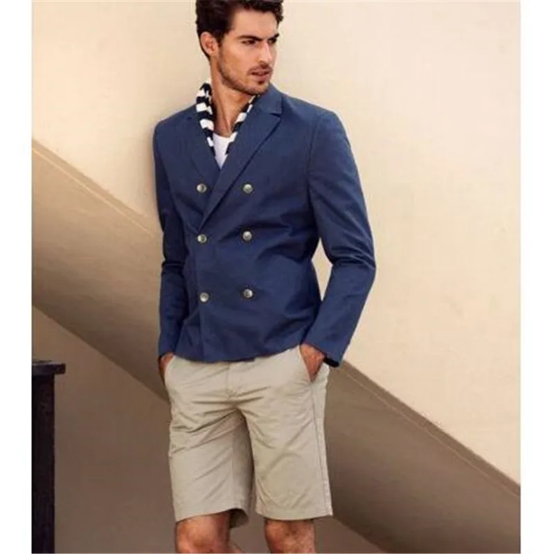 

Blue Coat With Khaki Short Pant Summer Men Suits Prom Suits Groomsmen Wedding Tuxedos Mens Daily Wear Suit(Jacket+Pants)
