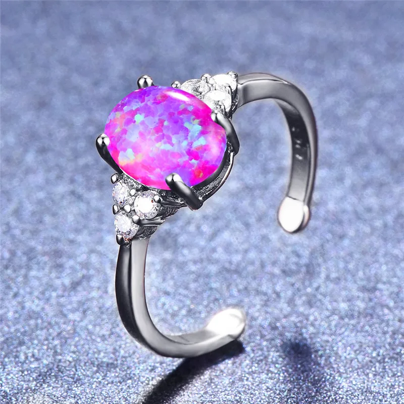 Boho женское белое фиолетовое огненное Опаловое кольцо Серебристый Овальный регулируемый размер с камнем