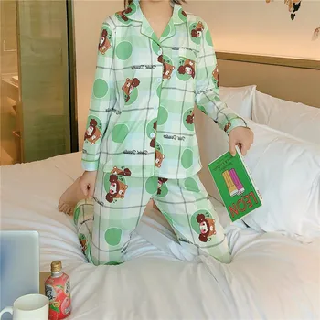 

Spring And Autumn New Ladies Pajama Set Turn-down Collar Cartoons Print Sleepwear Women Soft Large Size Homewear Thin Casual Wea