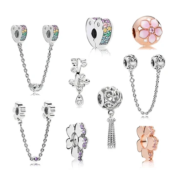 

High Quality 100% S925 Sterling Silver Charm Drop Daisy Rose Gold Magnolia Colorful Rainbow Heart Safety Clip Safety Chain