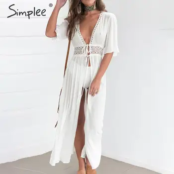

Simplee Sexy deep v-neck summer cardigan coat Hollow out lace up transparent female bikini cover up bathing suit Beach coat