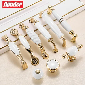 Luxury Gold With Ceramic Handles Wardrobe Drawer Pulls Kitchen Cabinet Knobs Furniture Handles Hardware Accessories