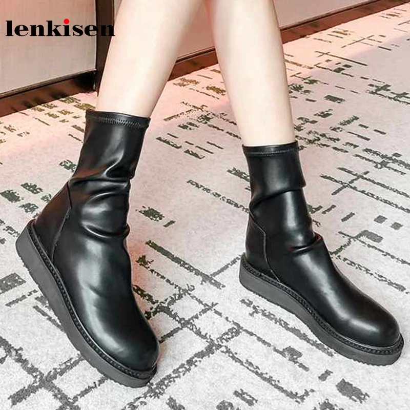 

Lenkisen hot height lncreasing stretch boots round toe high heels black colors simple style winter warm women mid-calf boots L05