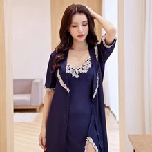 Женский сексуальный комплект, платье для сна+ халат, ночная рубашка, халат, Шелковое кружево