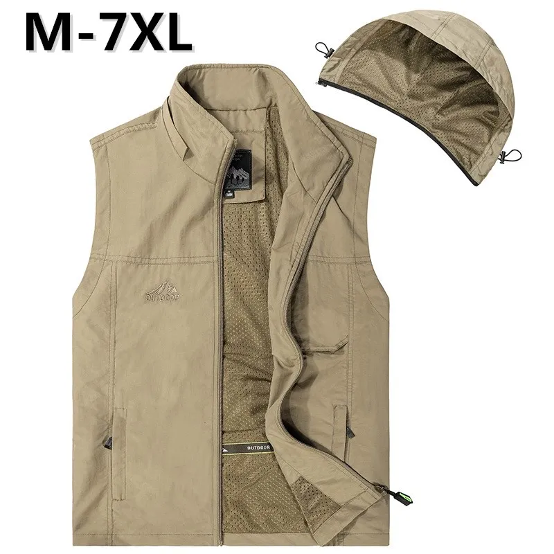 7XL Multi Pocket Hooded Fishing Vest Spring Summer Thin Mesh Breathable Leisure Sports Waistcoat Men Outdoor Hiking Travel Vests fisherman vest
