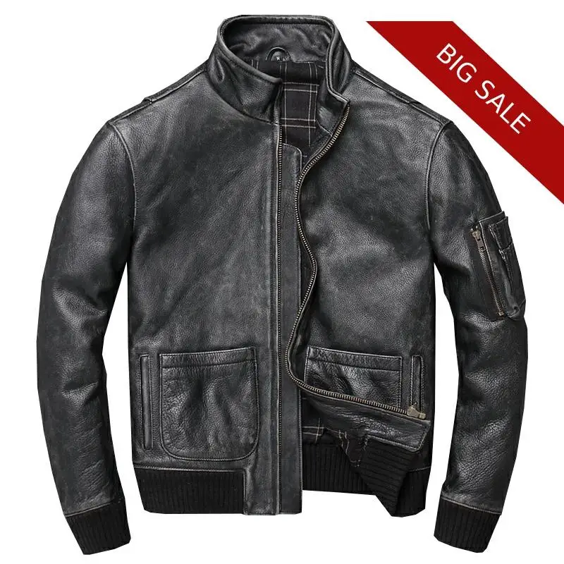 

2020 Vintage Grey Men Military Pilot Leather Jacket Large Size XXXXL Genuine Cowhide Autumn Slim Fit Short Aviator Leather Coat